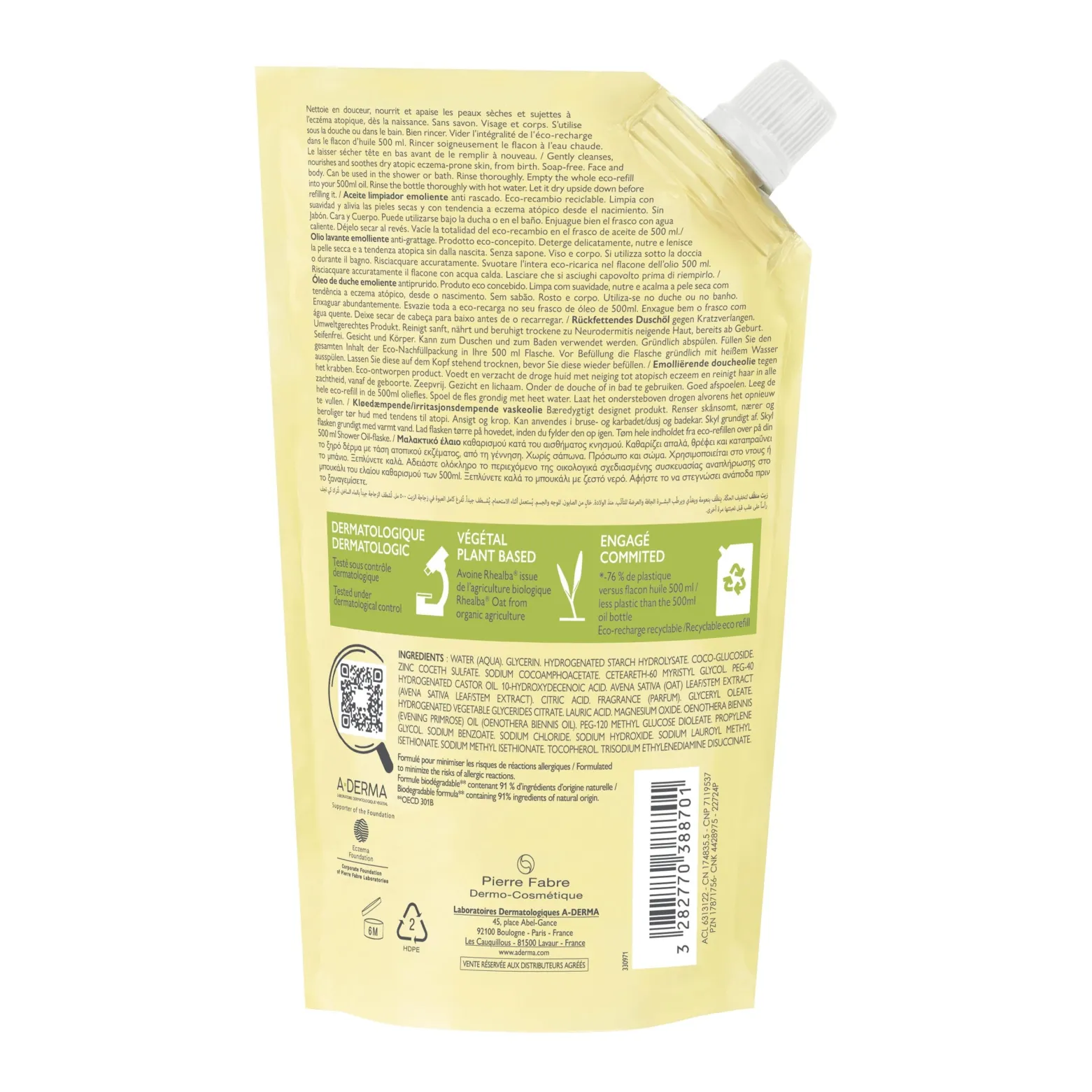 A-Derma Exomega Control Emollient Shower Oil Refill 500ml (16.9floz)