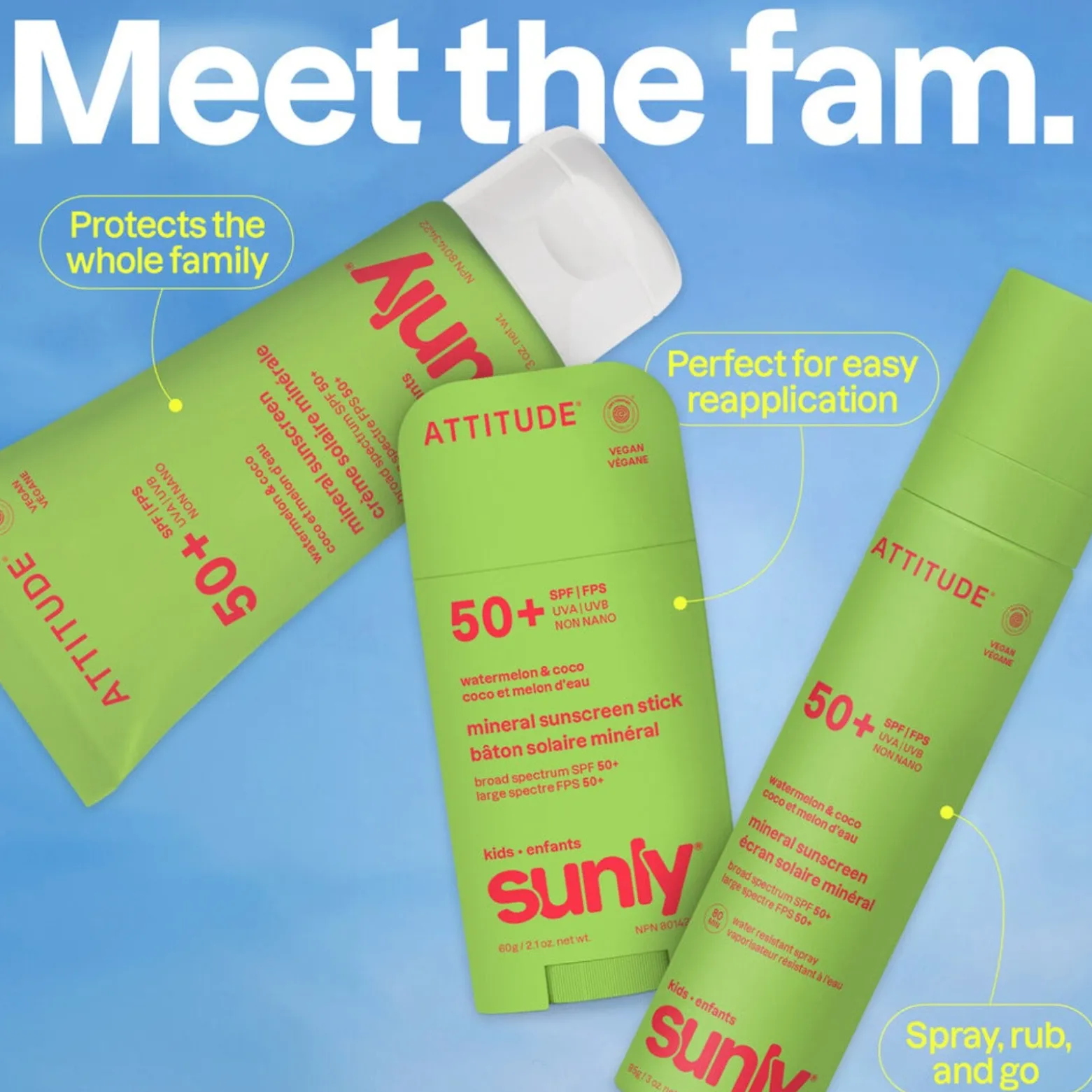 ATTITUDE Kids Sunly Mineral Sunscreen Stick Watermelon & Coco SPF50 60g (2.1oz)
