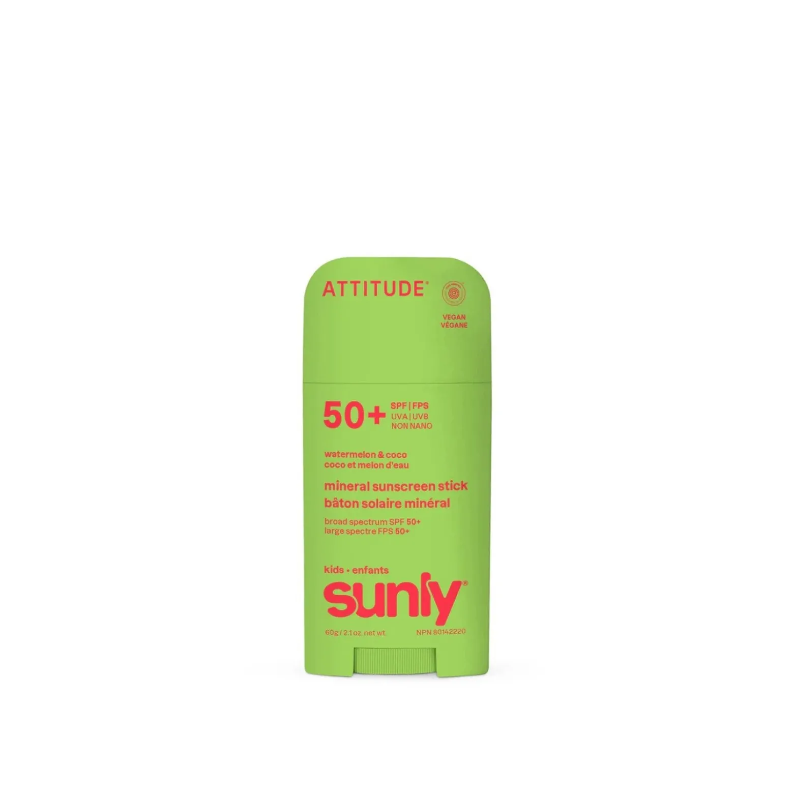 ATTITUDE Kids Sunly Mineral Sunscreen Stick Watermelon & Coco SPF50 60g (2.1oz)