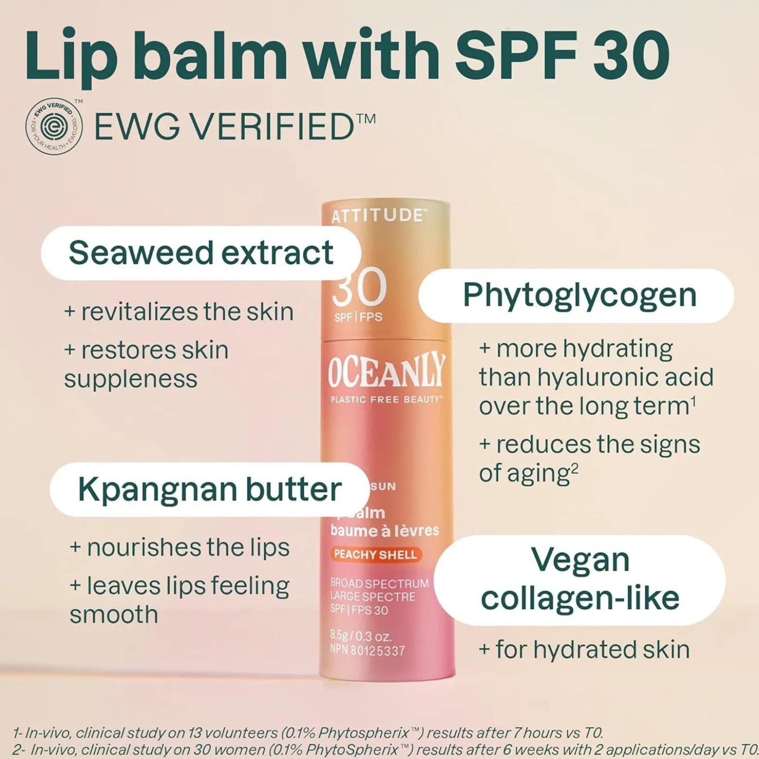 ATTITUDE Oceanly Lip Balm SPF30 Peachy Shell 8.5g (0.3oz)