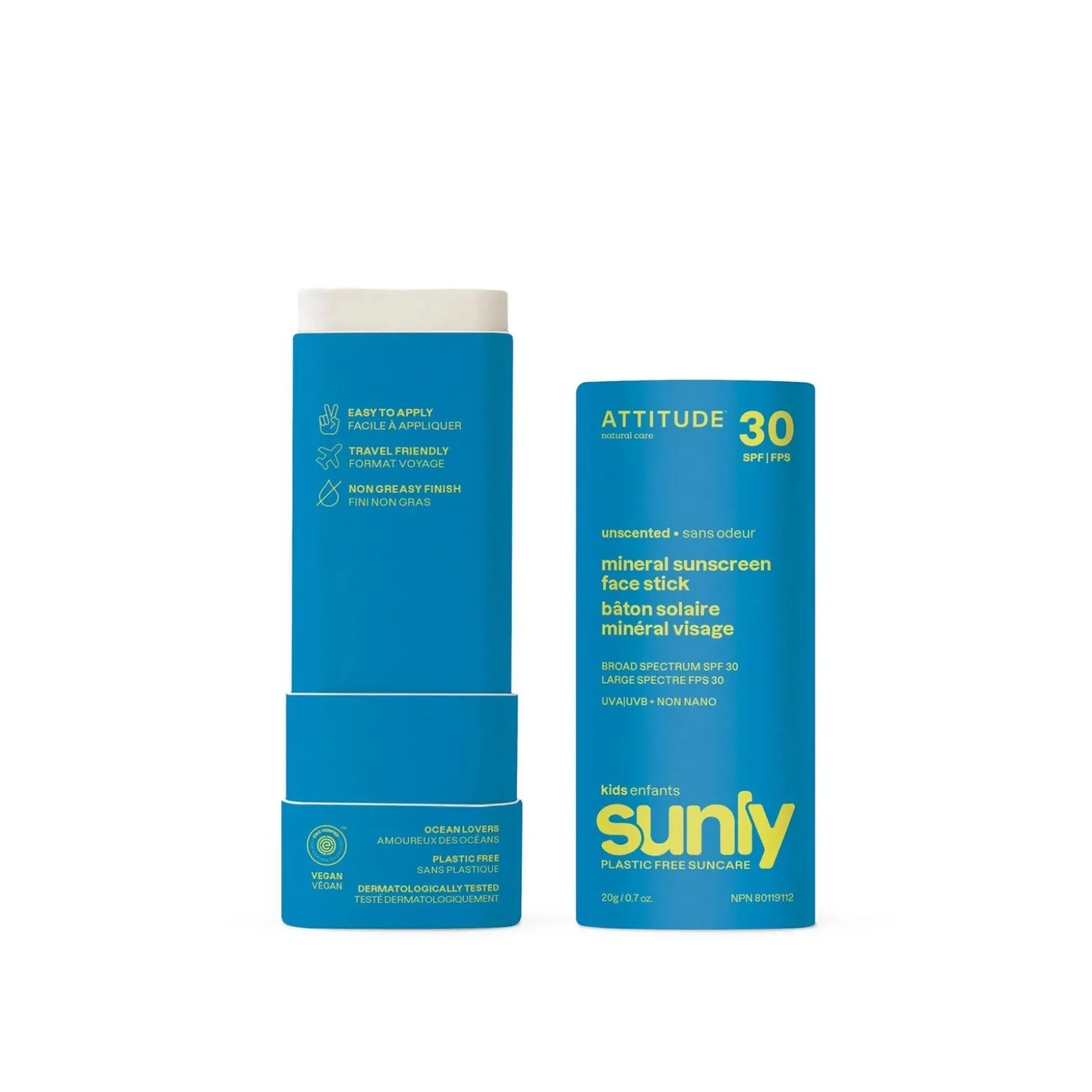 ATTITUDE Sunly Kids Mineral Sunscreen Face Stick SPF30 Unscented 60g (0.7oz)