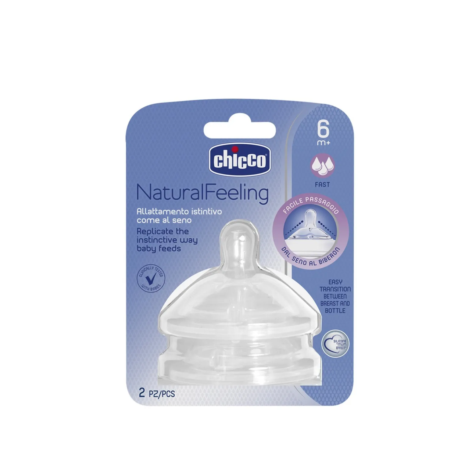 Chicco Natural Feeling Silicone Nipple Fast Flow 6m+ x2
