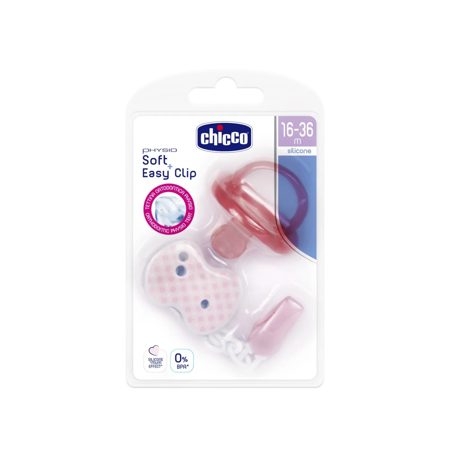 Chicco Physio Soft Silicone Pacifier + Easy Clip 16-36m Pink
