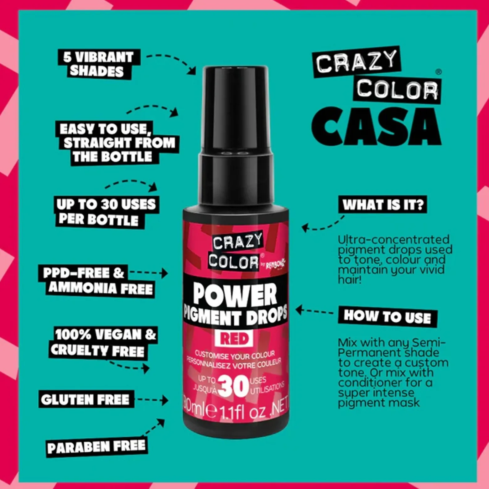 Crazy Color Power Pigment Drops Red 30ml (1.1floz)
