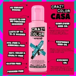 Crazy Color Semi-Permanent Hair Color Cream 67 Blue Jade 100ml (3.38floz)