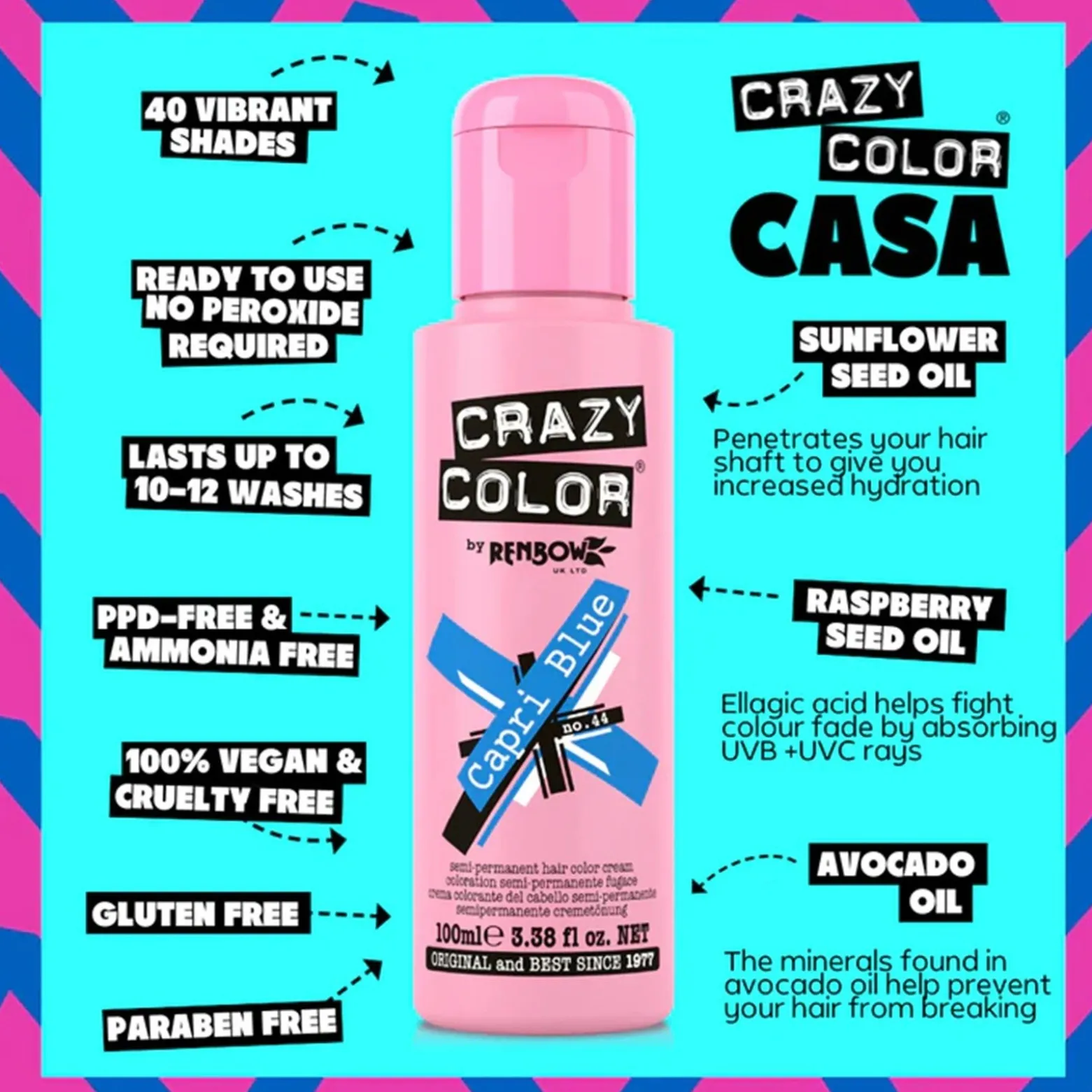 Crazy Color Semi-Permanent Hair Color Cream 44 Capri Blue 100ml (3.38floz)