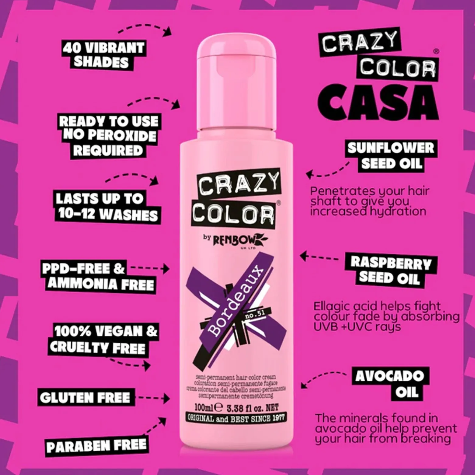 Crazy Color Semi-Permanent Hair Color Cream 51 Bordeaux 100ml (3.38floz)