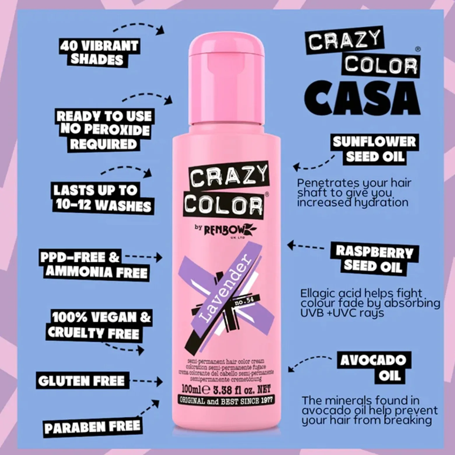 Crazy Color Semi-Permanent Hair Color Cream 54 Lavender 100ml (3.38floz)