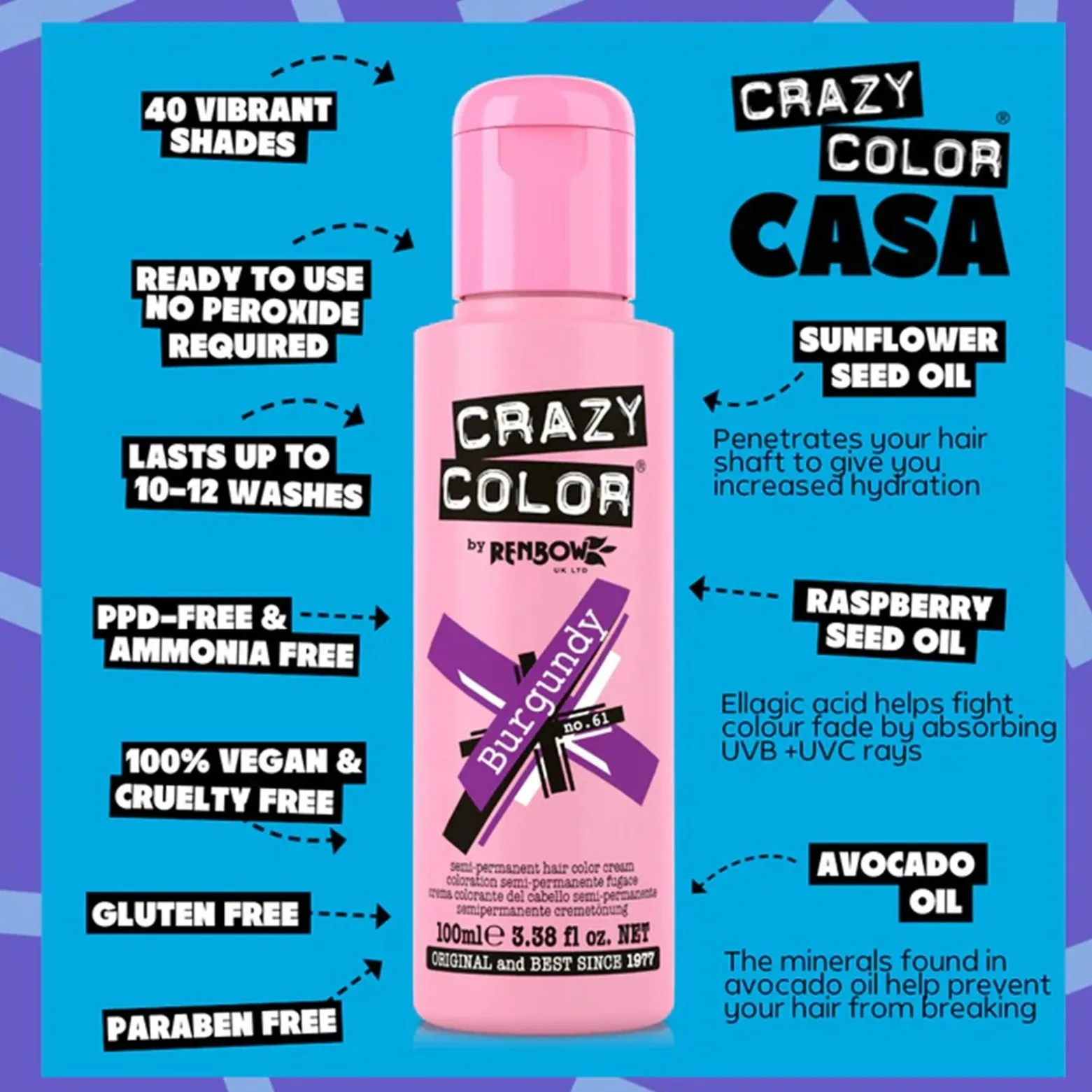 Crazy Color Semi-Permanent Hair Color Cream 61 Burgundy 100ml (3.38floz)