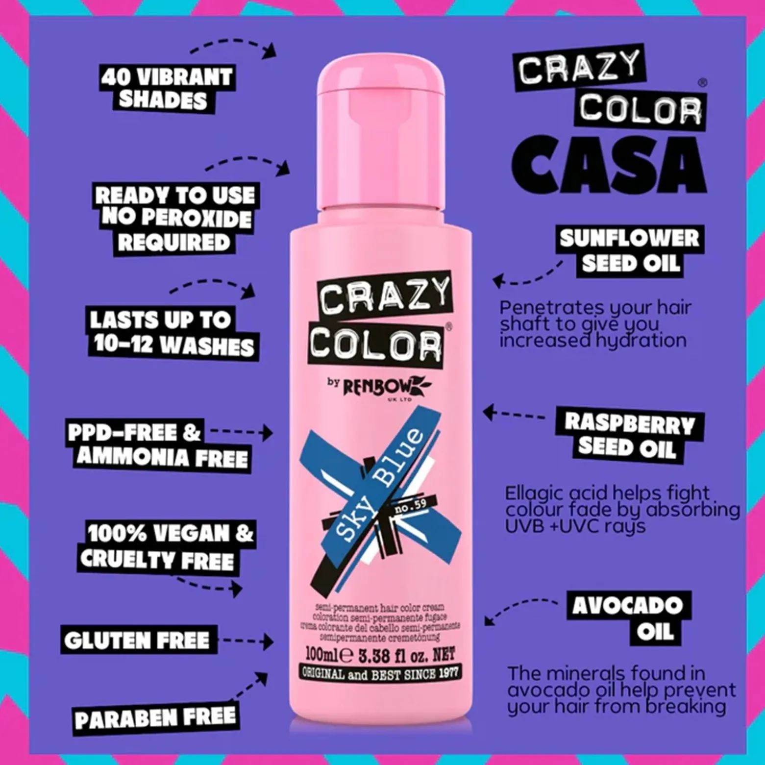 Crazy Color Semi-Permanent Hair Color Cream 59 Sky Blue 100ml (3.38floz)