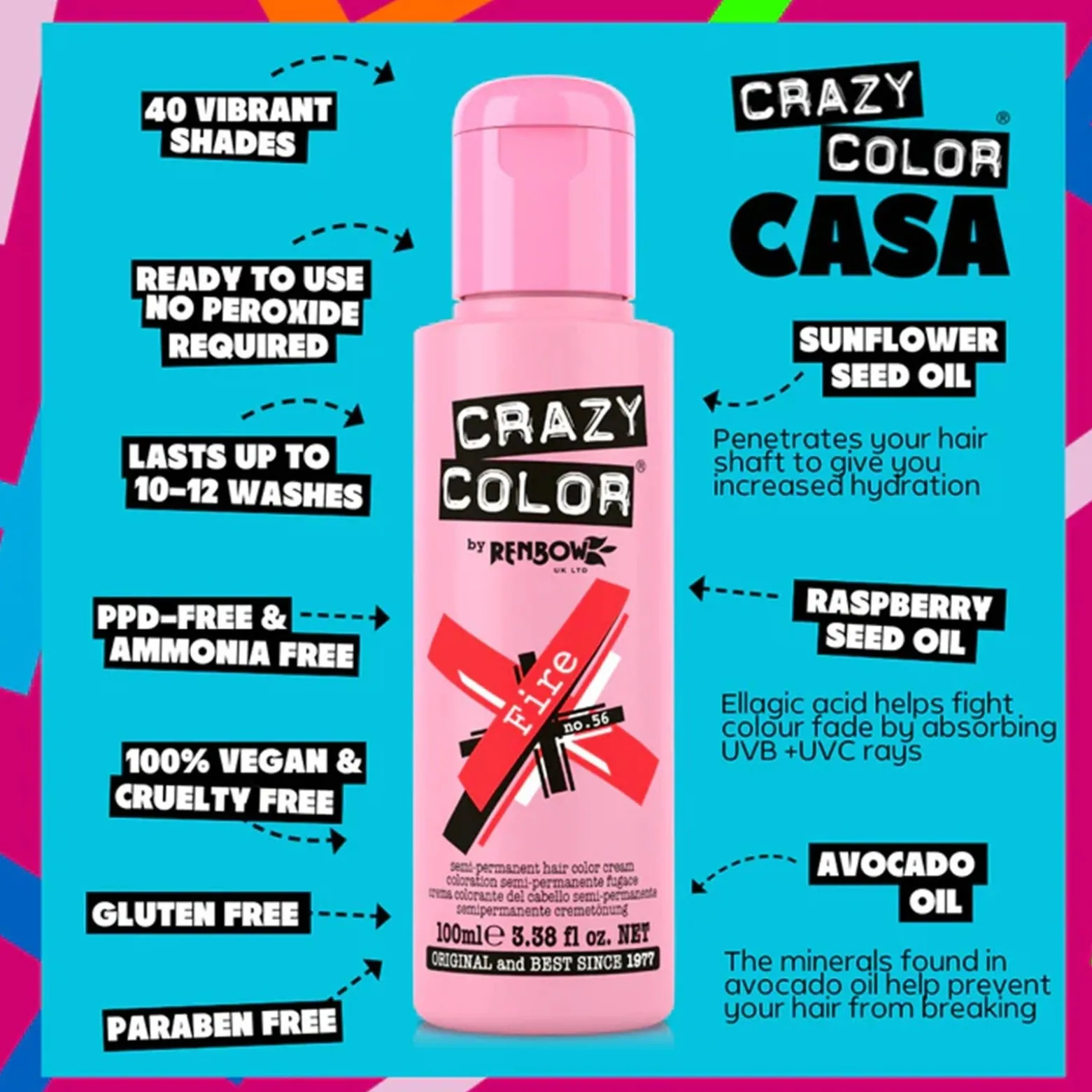 Crazy Color Semi-Permanent Hair Color Cream 56 Fire 100ml (3.38floz)