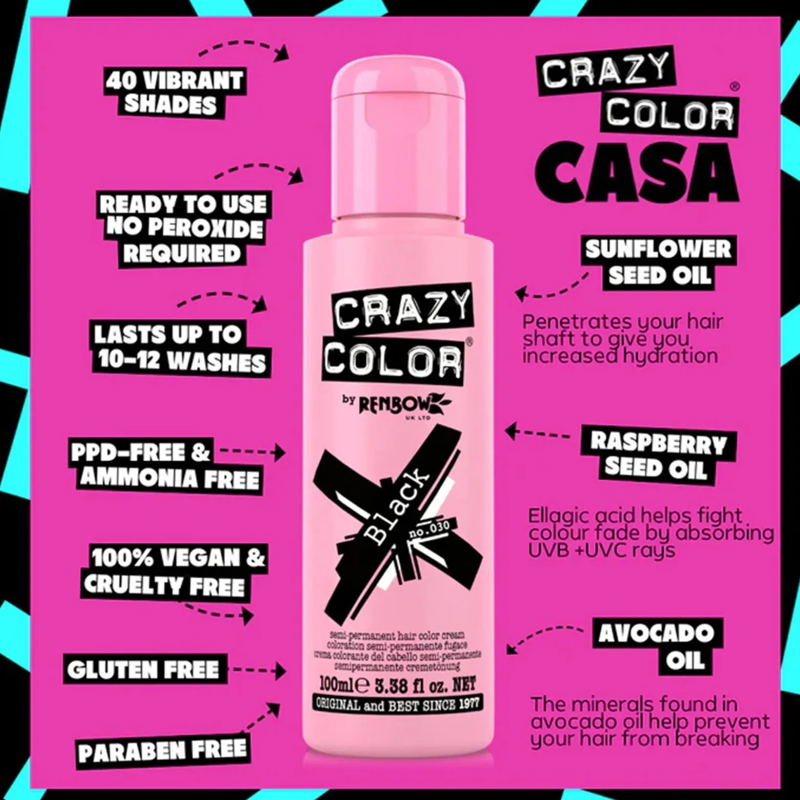 Crazy Color Semi-Permanent Hair Color Cream 030 Black 100ml (3.38floz)