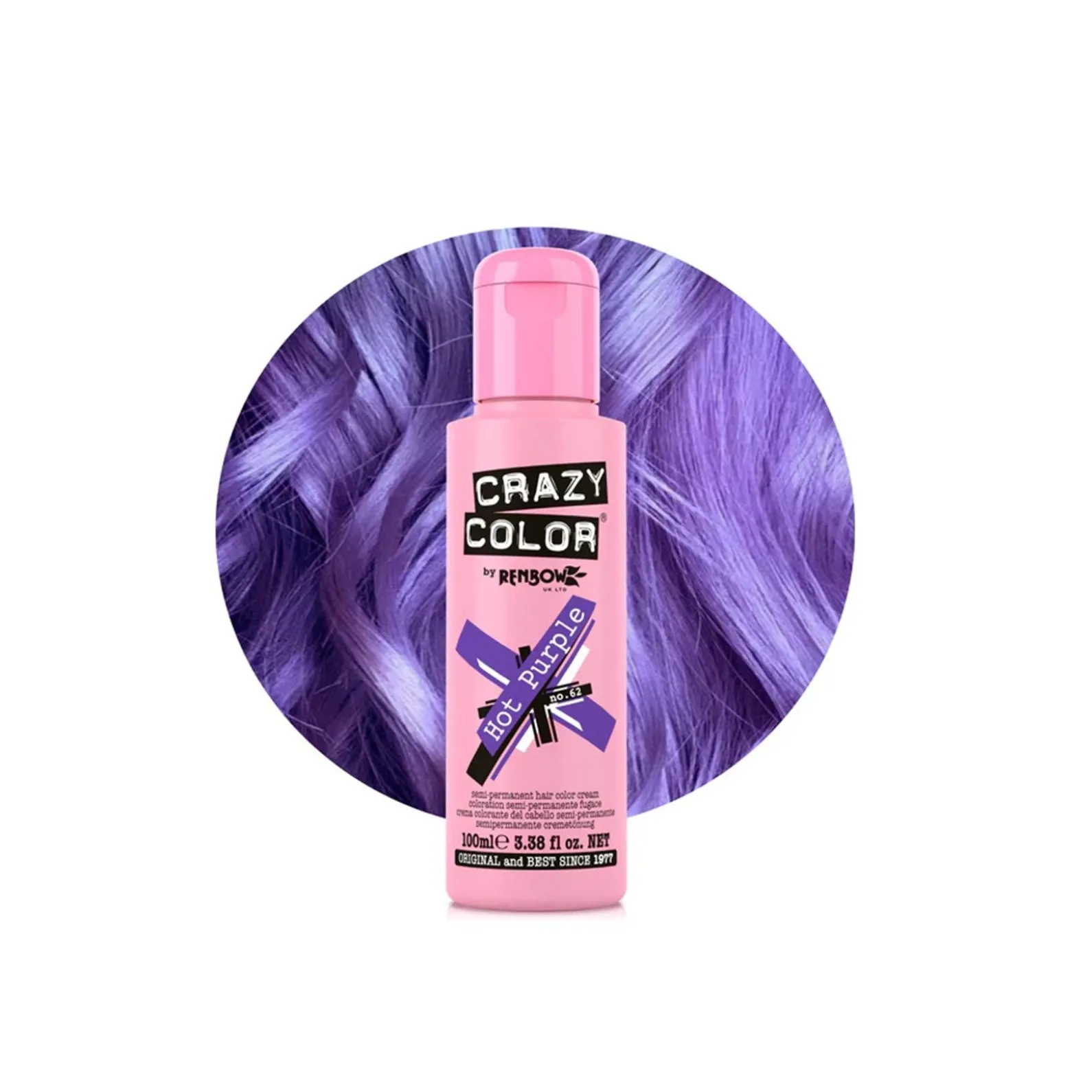 Crazy Color Semi-Permanent Hair Color Cream 62 Hot Purple 100ml (3.38floz)