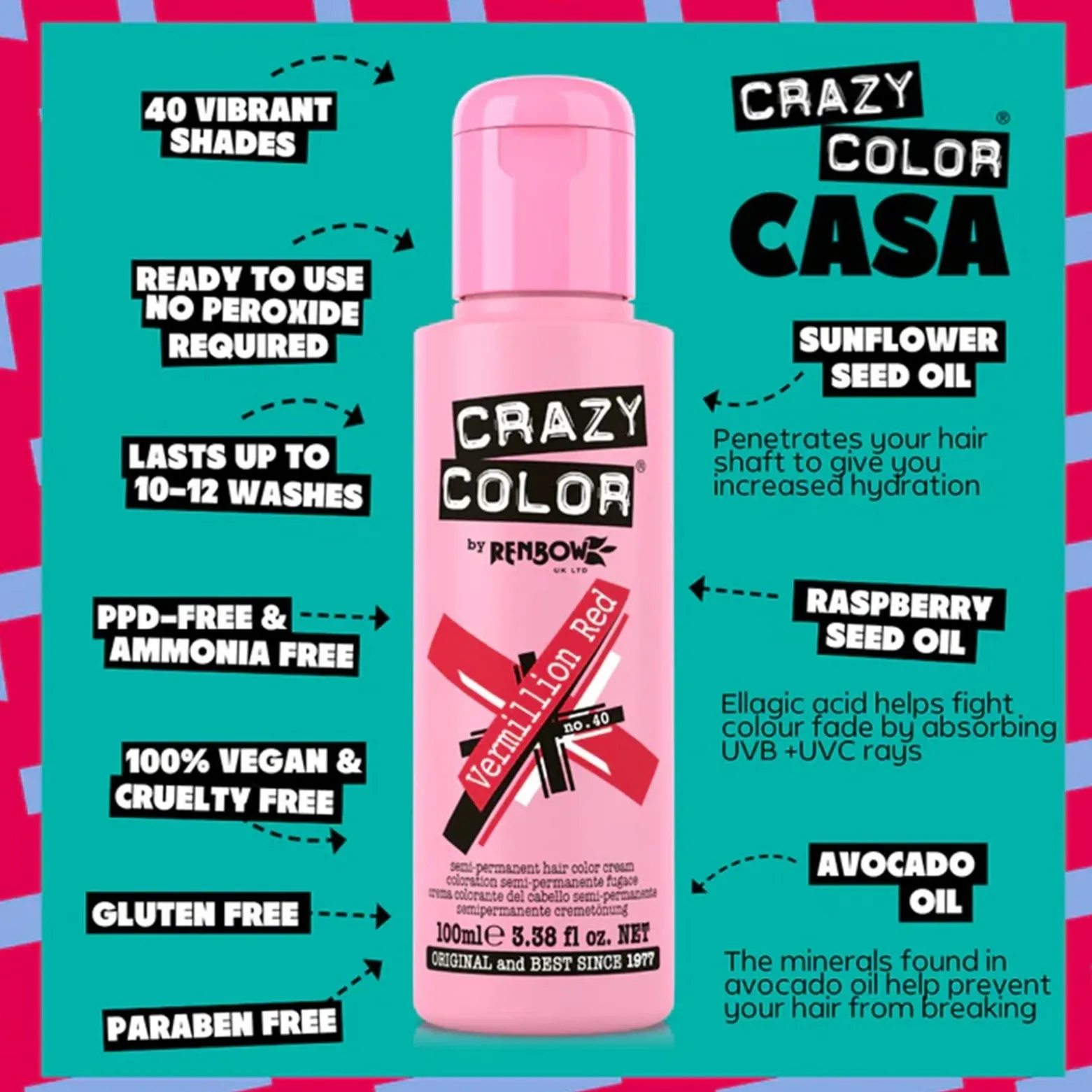 Crazy Color Semi-Permanent Hair Color Cream 40 Vermillion Red 100ml (3.38floz)