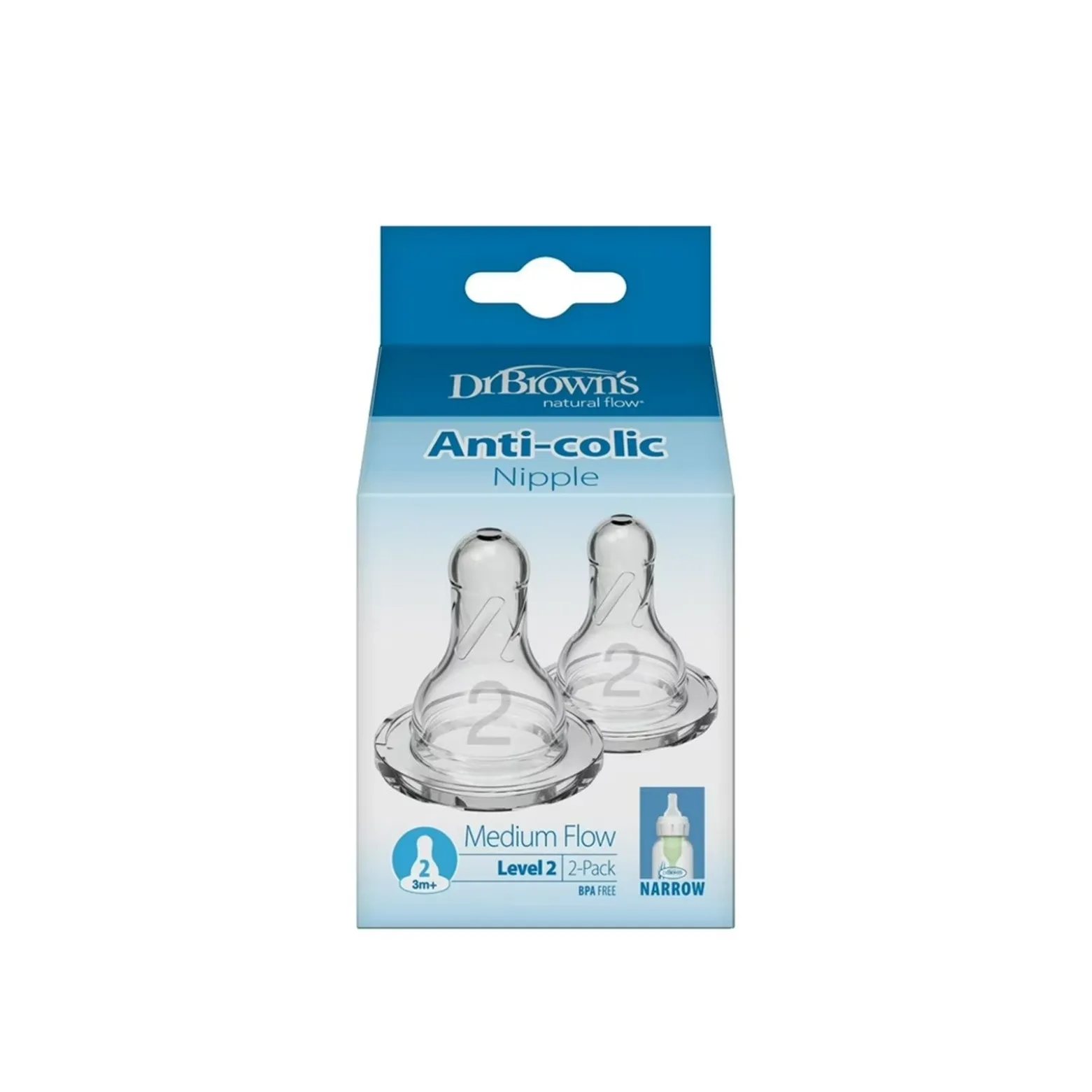 Dr. Brown's Medium Flow Narrow Baby Bottle Silicone Nipple 3m+ x2