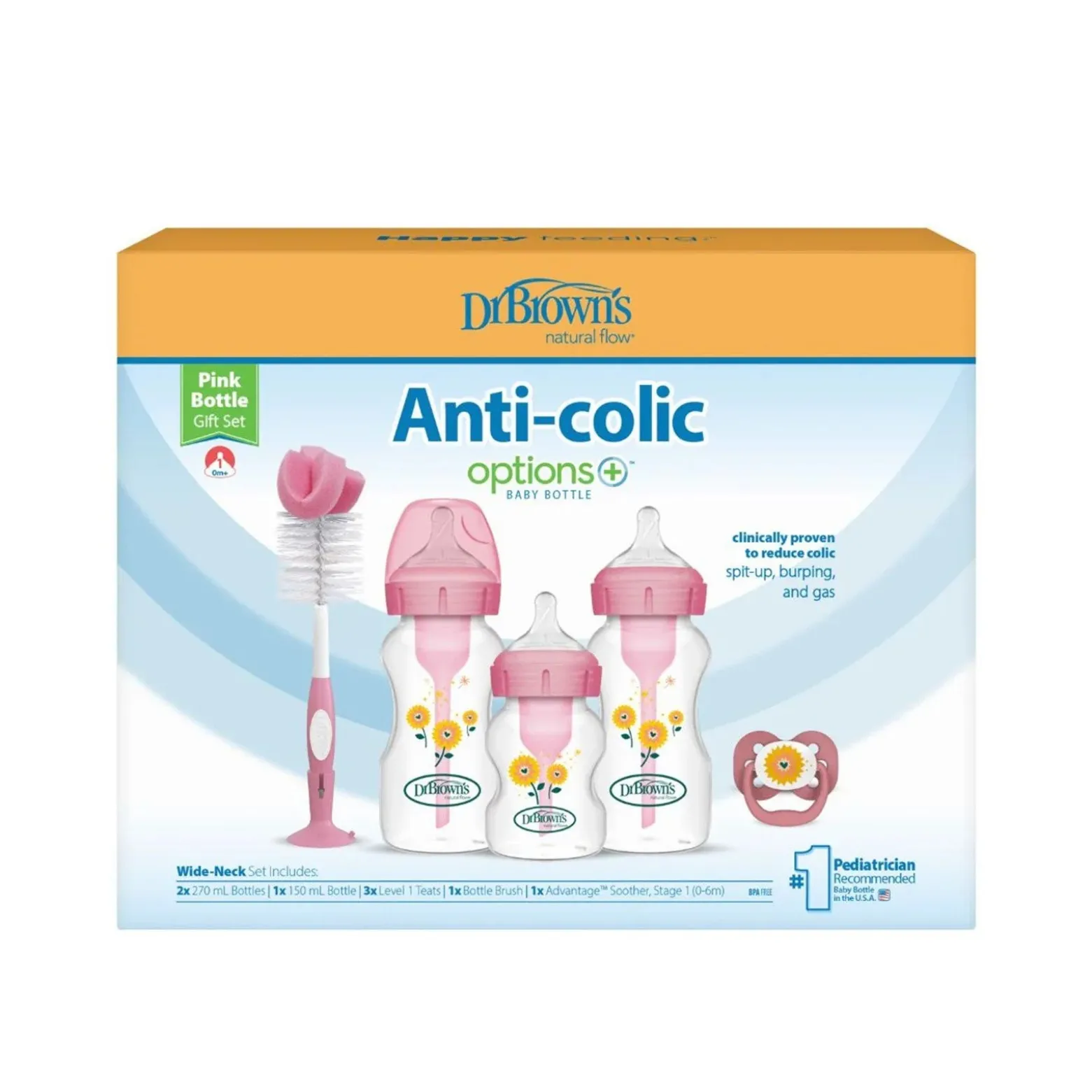 Dr. Brown's Options+ Anti-Colic Wide-Neck BPA-Free Plastic Pink Bottle Gift Set