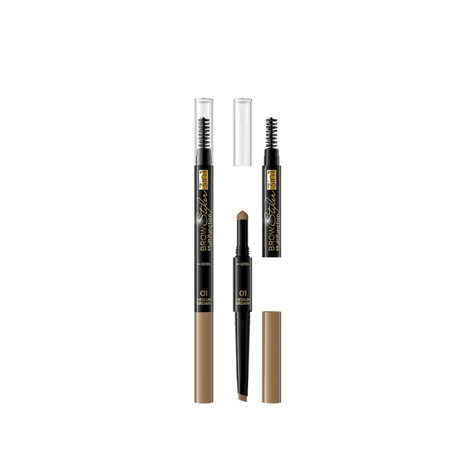 Eveline Cosmetics Brow Styler 3-In-1 Multifunction Brow Pencil 01 Medium Brown