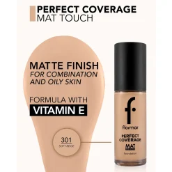 Flormar Perfect Coverage Mat Touch Foundation 301 Soft Beige 30ml (1floz)