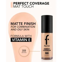 Flormar Perfect Coverage Mat Touch Foundation 308 Fair Ivory 30ml (1floz)
