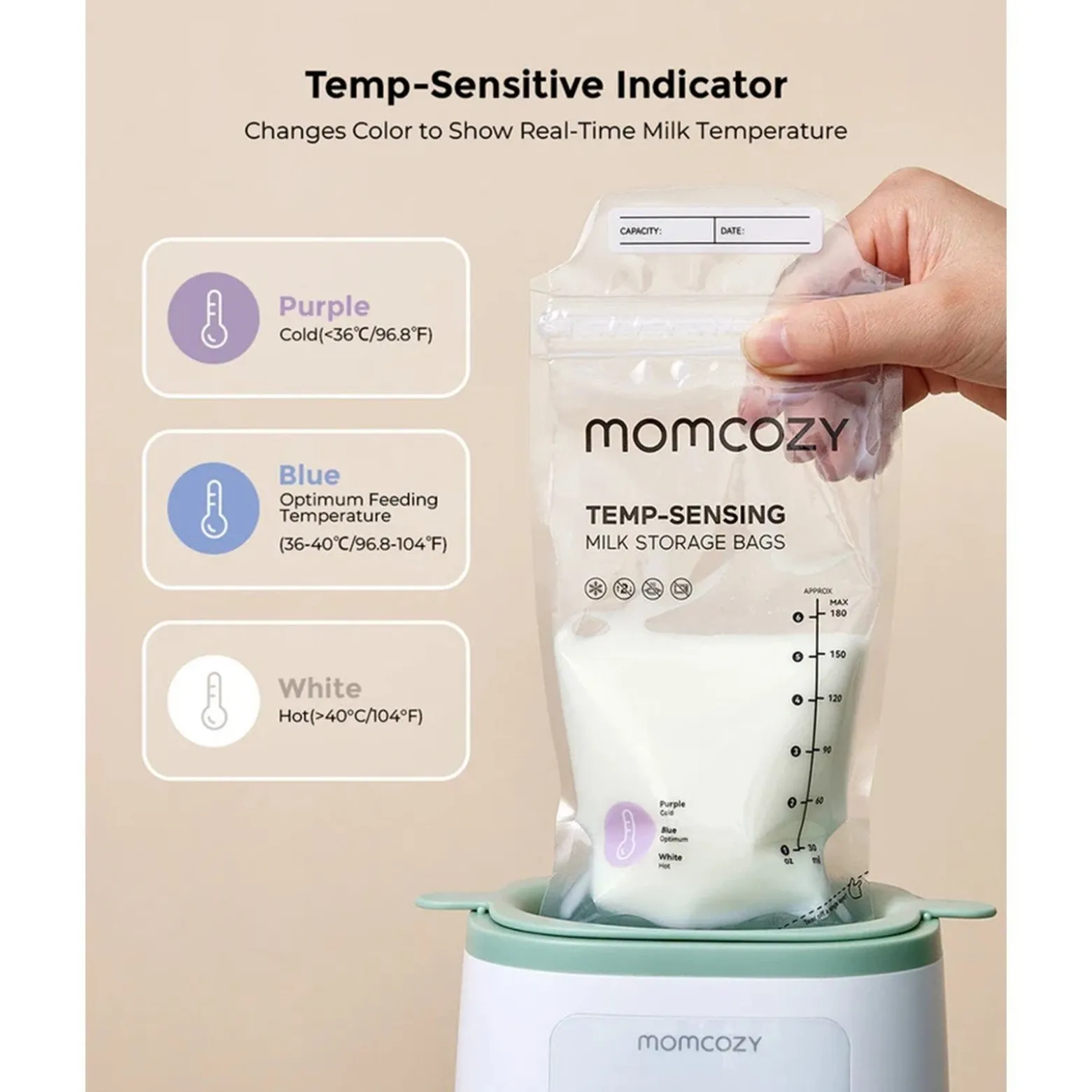 Momcozy TEMP-Sensing Breast Milk Storage Bags 180ml x50 (6.08flozx50)