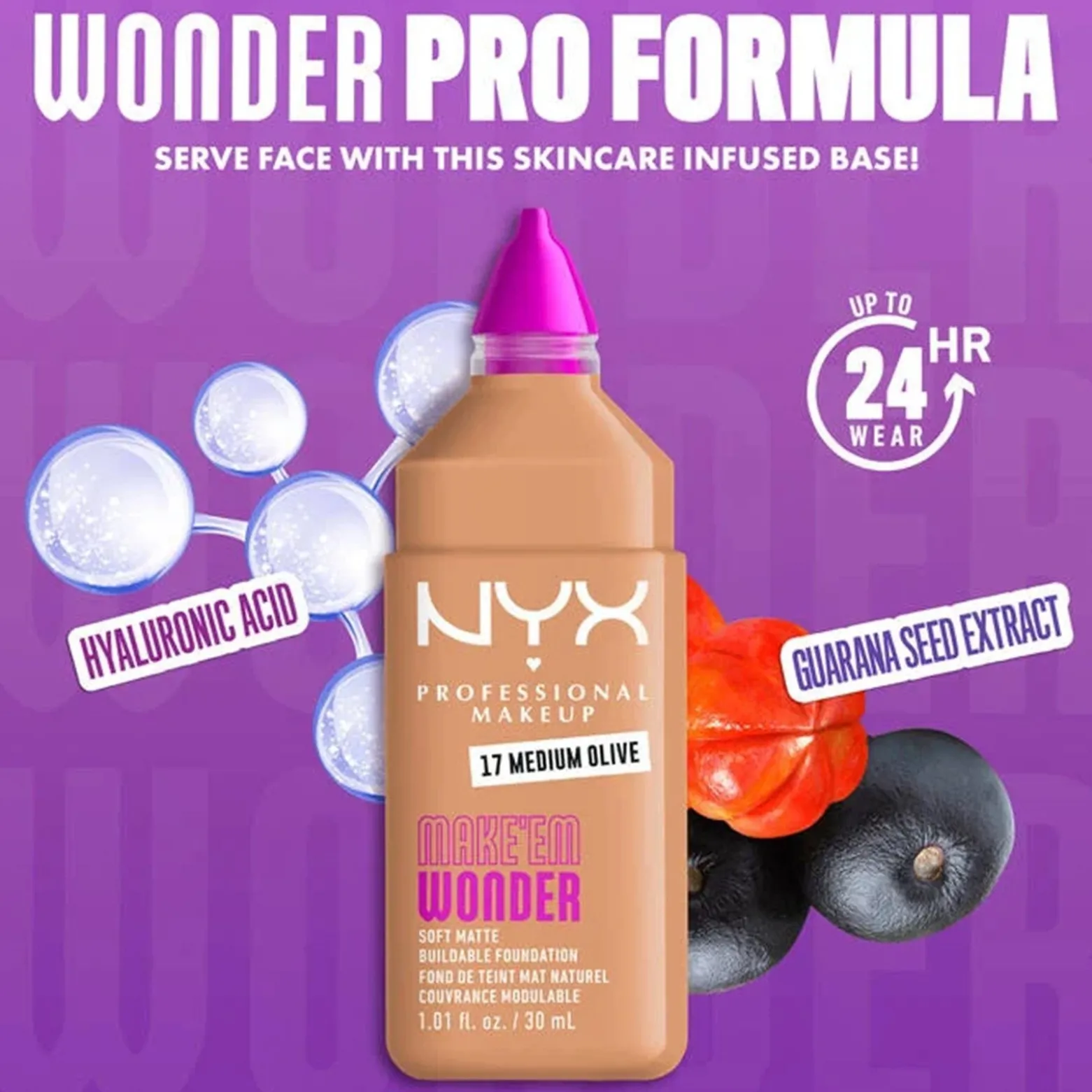 NYX Pro Makeup Make'em Wonder Soft Matte Buildable Foundation 17 Medium Olive 30ml (1.01floz)